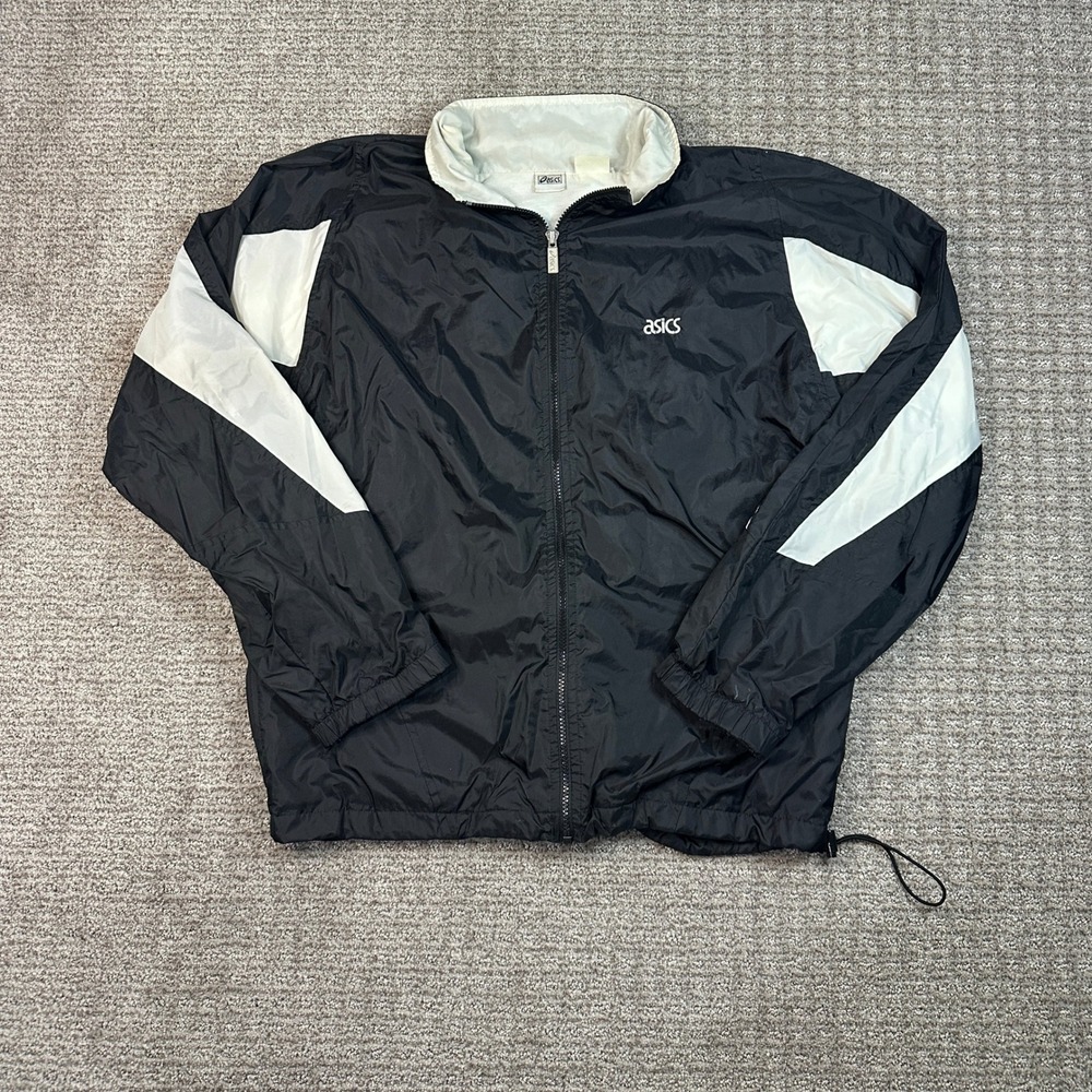 Vintage Asics Windbreaker Jacket Black White Colorblock Full Zip Mens Large